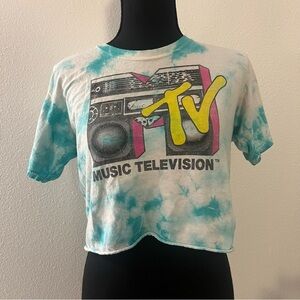 Retro MTV Tie-Dye Baby Tee Crop Top in Teal (Women’s XS)